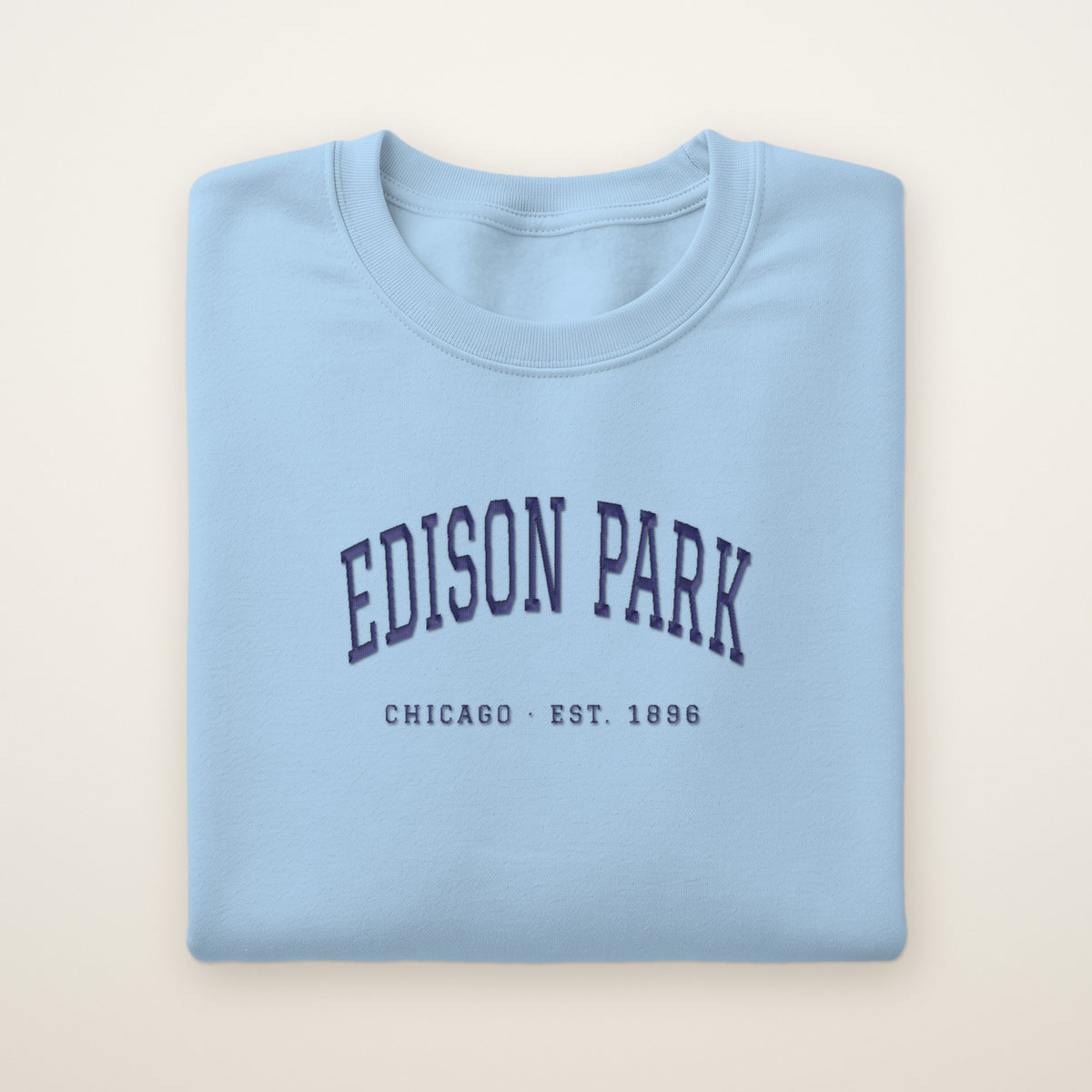 Edison Park Chicago Embroidered Crewneck — Navy Thread on Light Blue