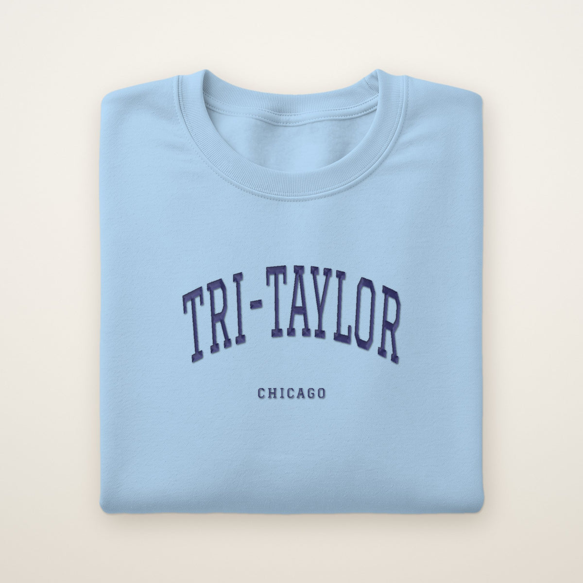 Tri-Taylor Chicago Embroidered Crewneck — Navy Thread on Light Blue