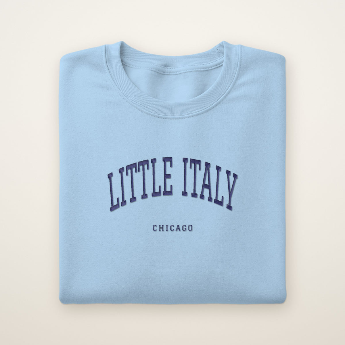 Little Italy Chicago Embroidered Crewneck — Navy Thread on Light Blue