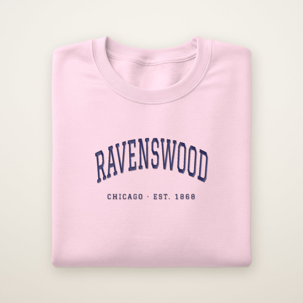 Ravenswood Chicago Embroidered Crewneck — Navy Thread on Light Pink