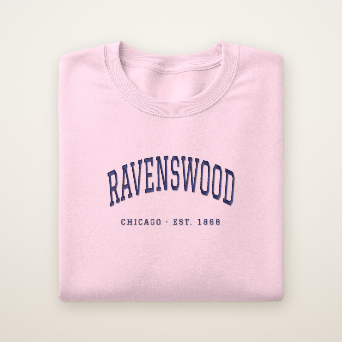 Ravenswood Chicago Embroidered Crewneck — Navy Thread on Light Pink