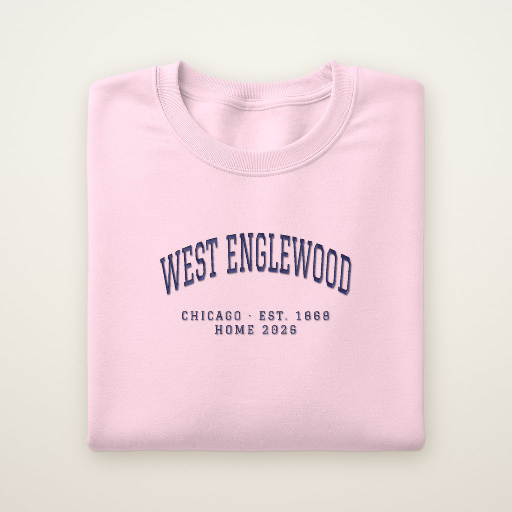 West Englewood Chicago Home 2026 Embroidered Crewneck — Navy Thread on Light Pink