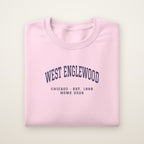 West Englewood Chicago Home 2026 Embroidered Crewneck — Navy Thread on Light Pink