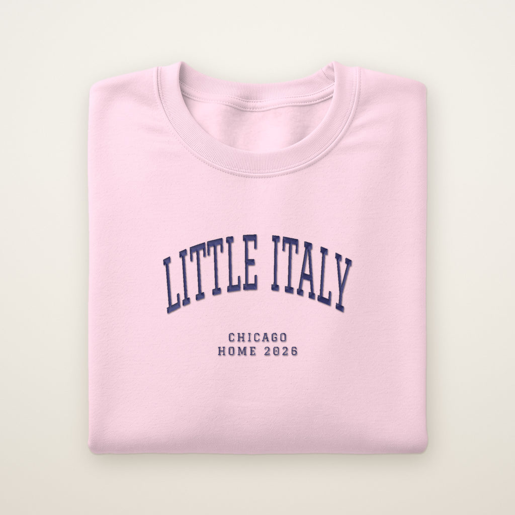 Little Italy Chicago Home 2026 Embroidered Crewneck — Navy Thread on Light Pink