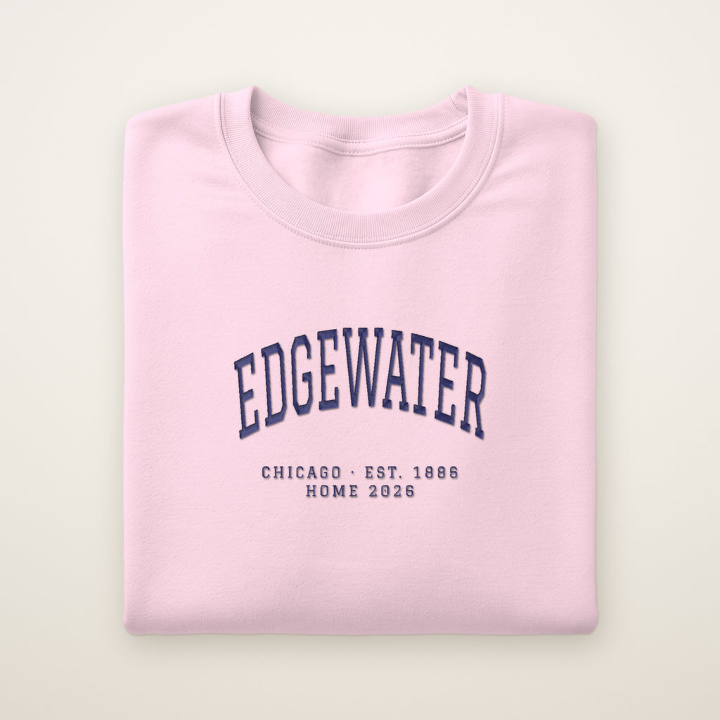 Edgewater Chicago Home 2026 Embroidered Crewneck — Navy Thread on Light Pink