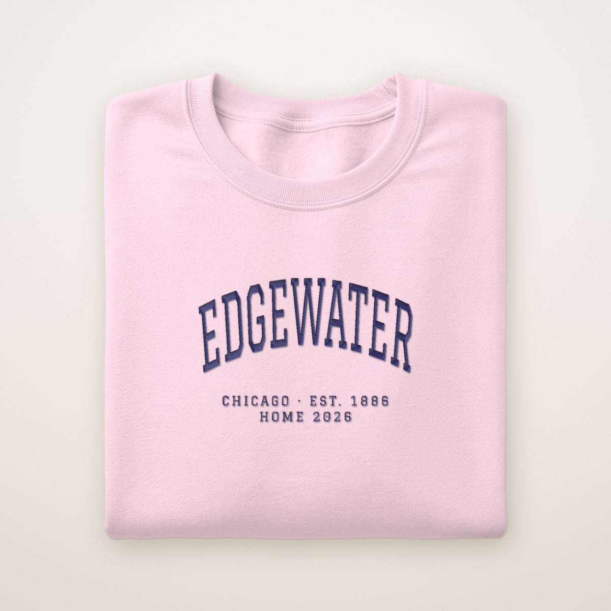 Edgewater Chicago Home 2026 Embroidered Crewneck — Navy Thread on Light Pink
