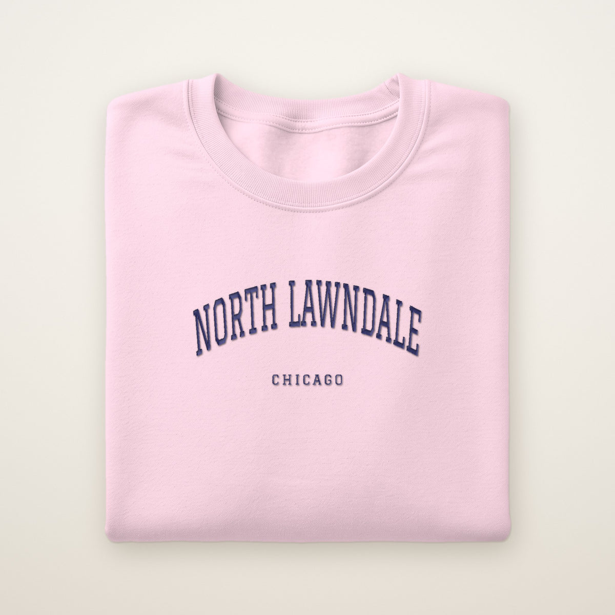 North Lawndale Chicago Embroidered Crewneck — Navy Thread on Light Pink