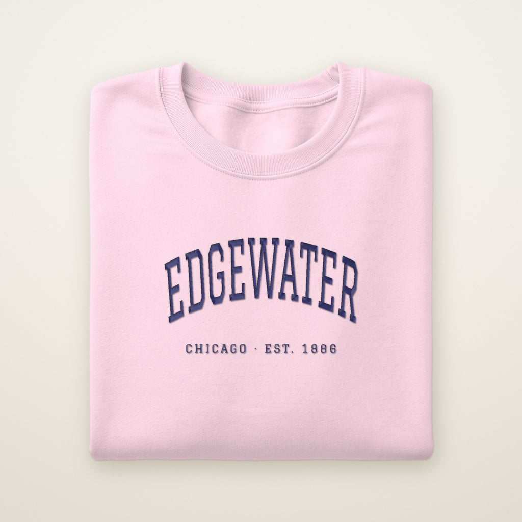 Edgewater Chicago Embroidered Crewneck — Navy Thread on Light Pink