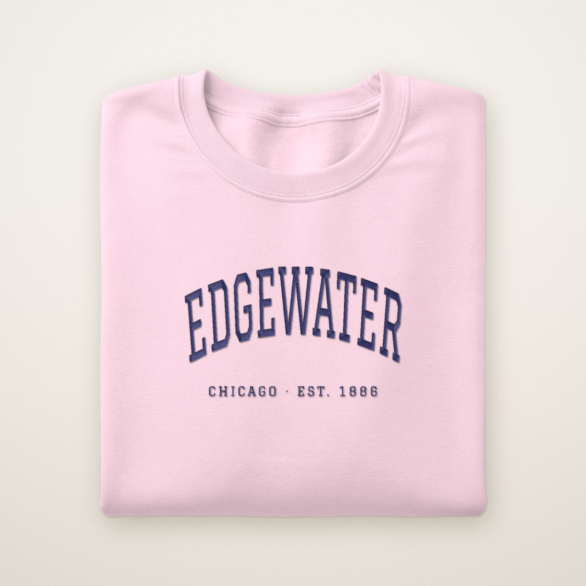 Edgewater Chicago Embroidered Crewneck — Navy Thread on Light Pink