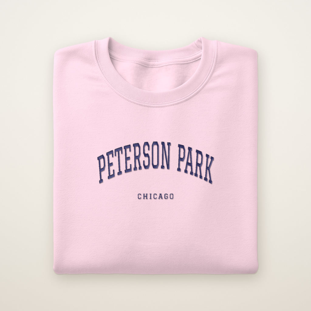 Peterson Park Chicago Embroidered Crewneck — Navy Thread on Light Pink