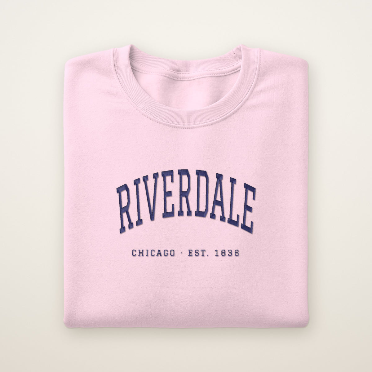 Riverdale Chicago Embroidered Crewneck — Navy Thread on Light Pink