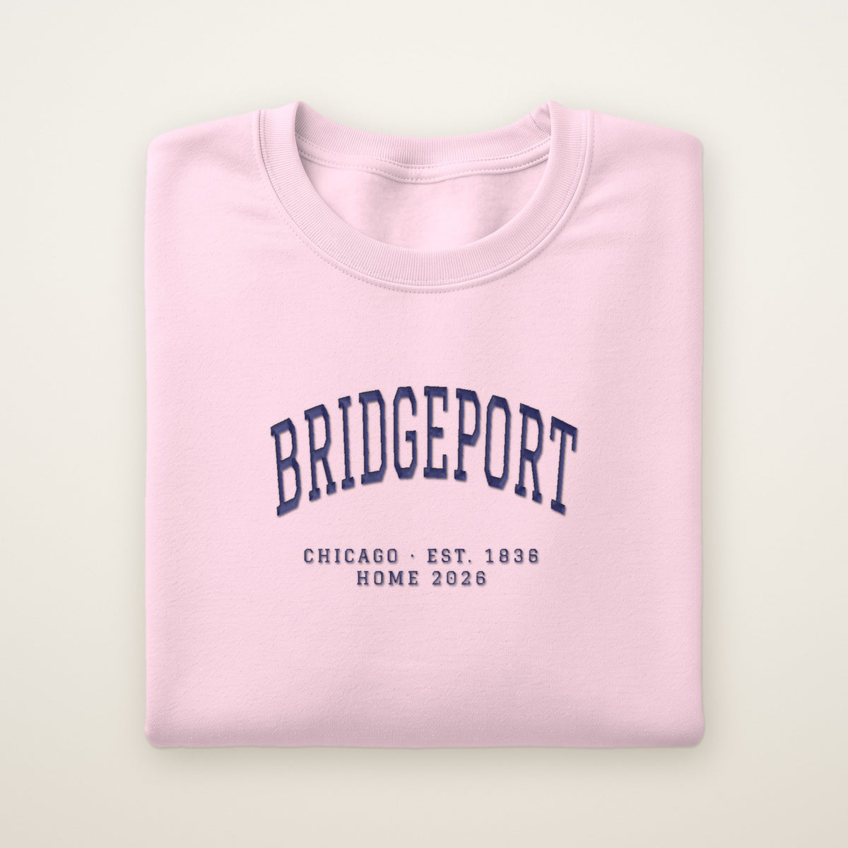 Bridgeport Chicago Home 2026 Embroidered Crewneck — Navy Thread on Light Pink