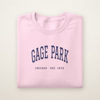 Gage Park Chicago Embroidered Crewneck — Navy Thread on Light Pink