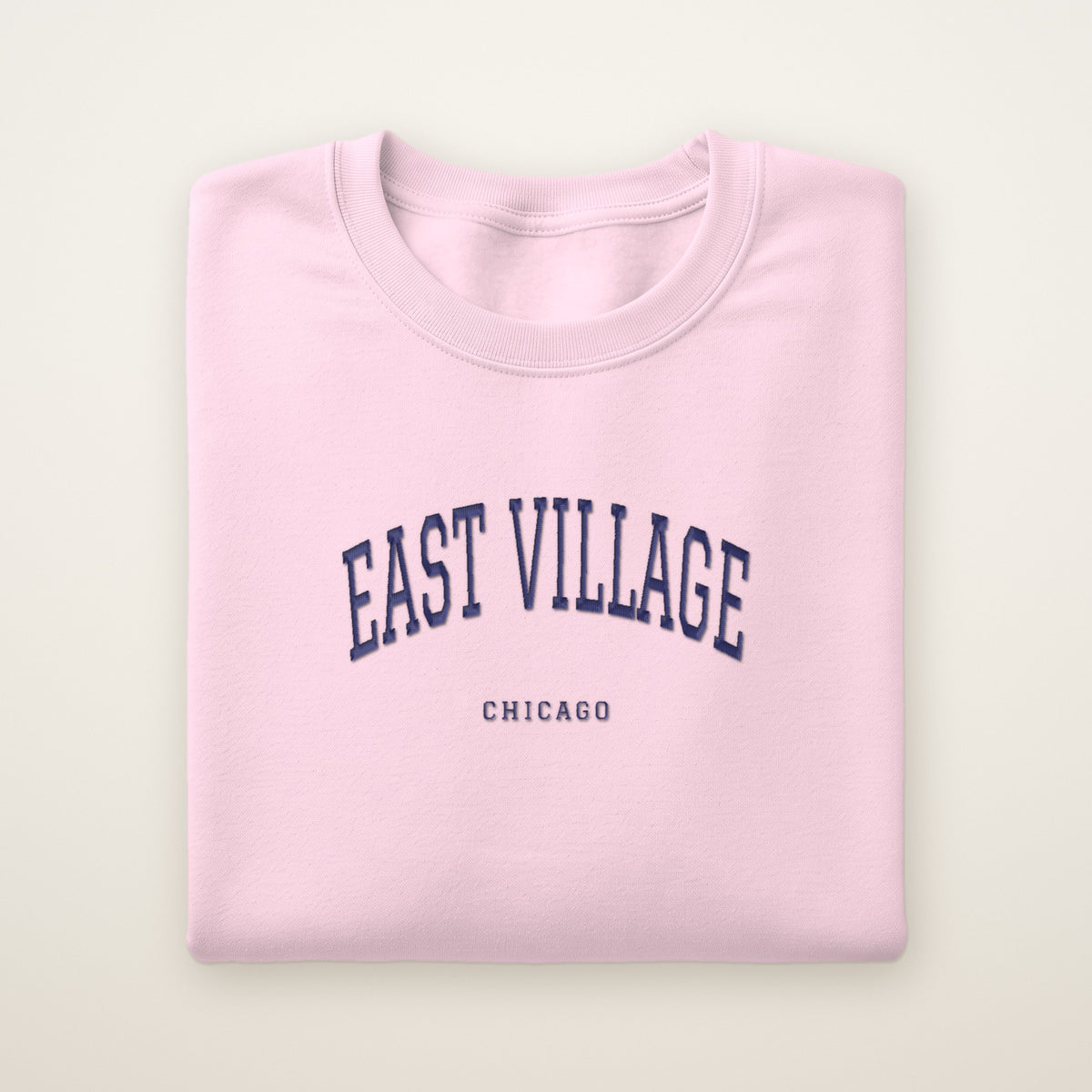 East Village Chicago Embroidered Crewneck — Navy Thread on Light Pink