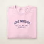 Jackson Park Highlands Chicago Home 2026 Embroidered Crewneck — Navy Thread on Light Pink