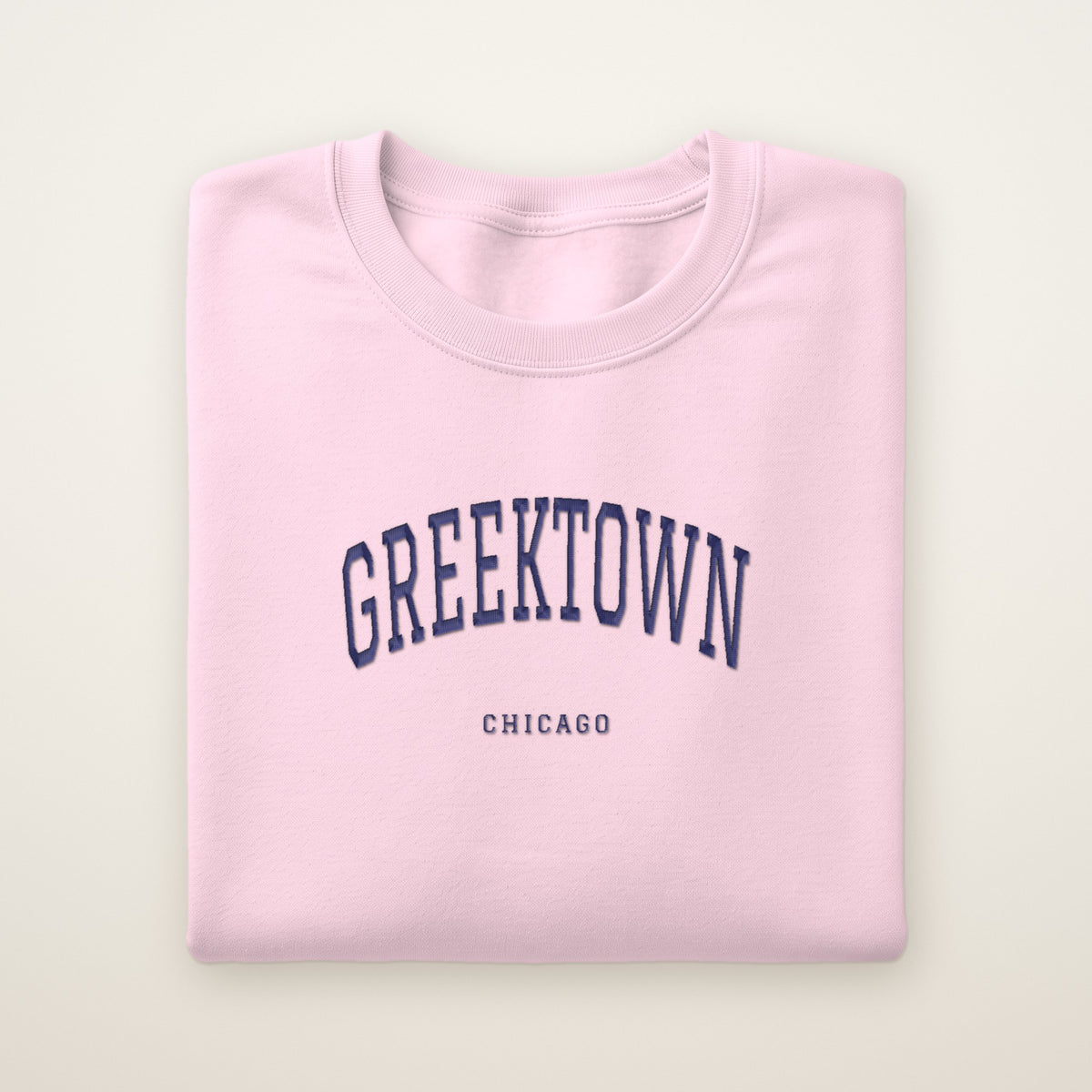 Greektown Chicago Embroidered Crewneck — Navy Thread on Light Pink
