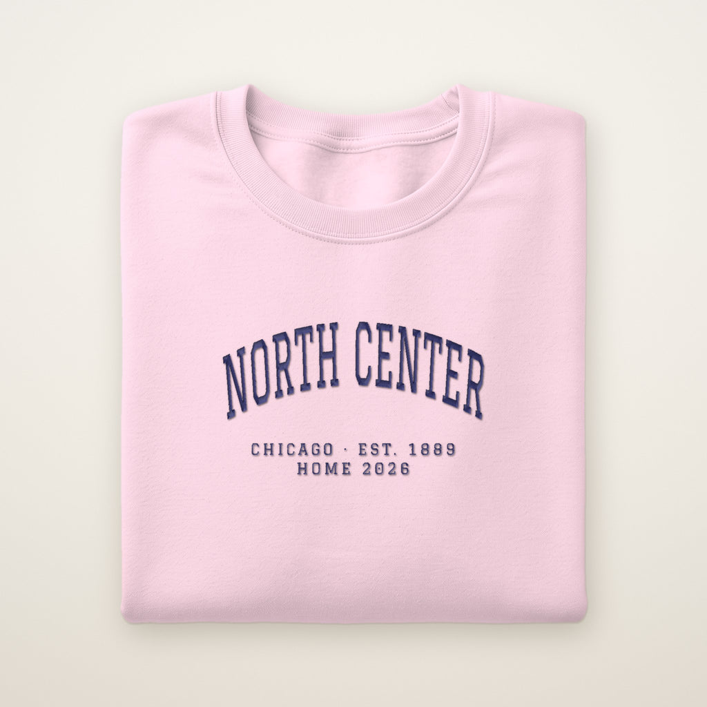 North Center Chicago Home 2026 Embroidered Crewneck — Navy Thread on Light Pink