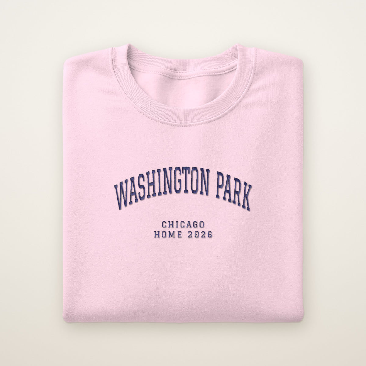 Washington Park Chicago Home 2026 Embroidered Crewneck — Navy Thread on Light Pink