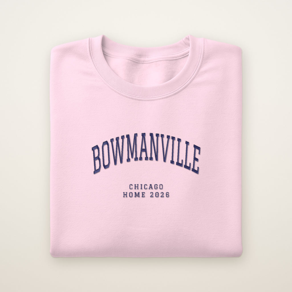 Bowmanville Chicago Home 2026 Embroidered Crewneck — Navy Thread on Light Pink