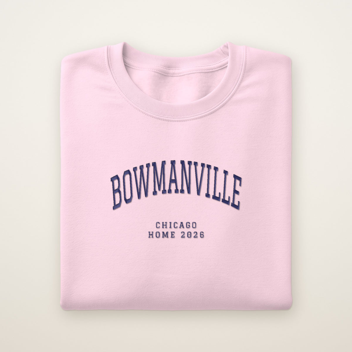 Bowmanville Chicago Home 2026 Embroidered Crewneck — Navy Thread on Light Pink