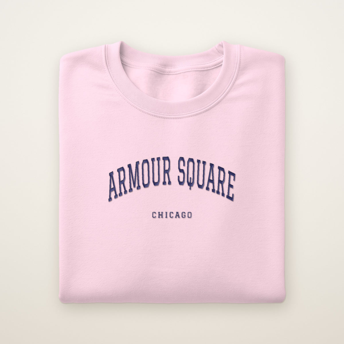 Armour Square Chicago Embroidered Crewneck — Navy Thread on Light Pink