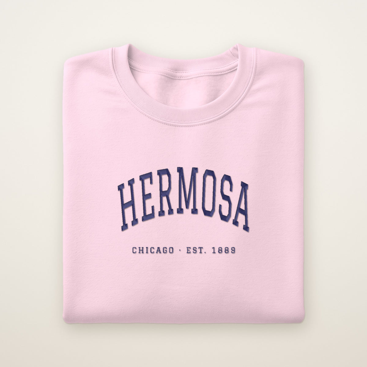 Hermosa Chicago Embroidered Crewneck — Navy Thread on Light Pink
