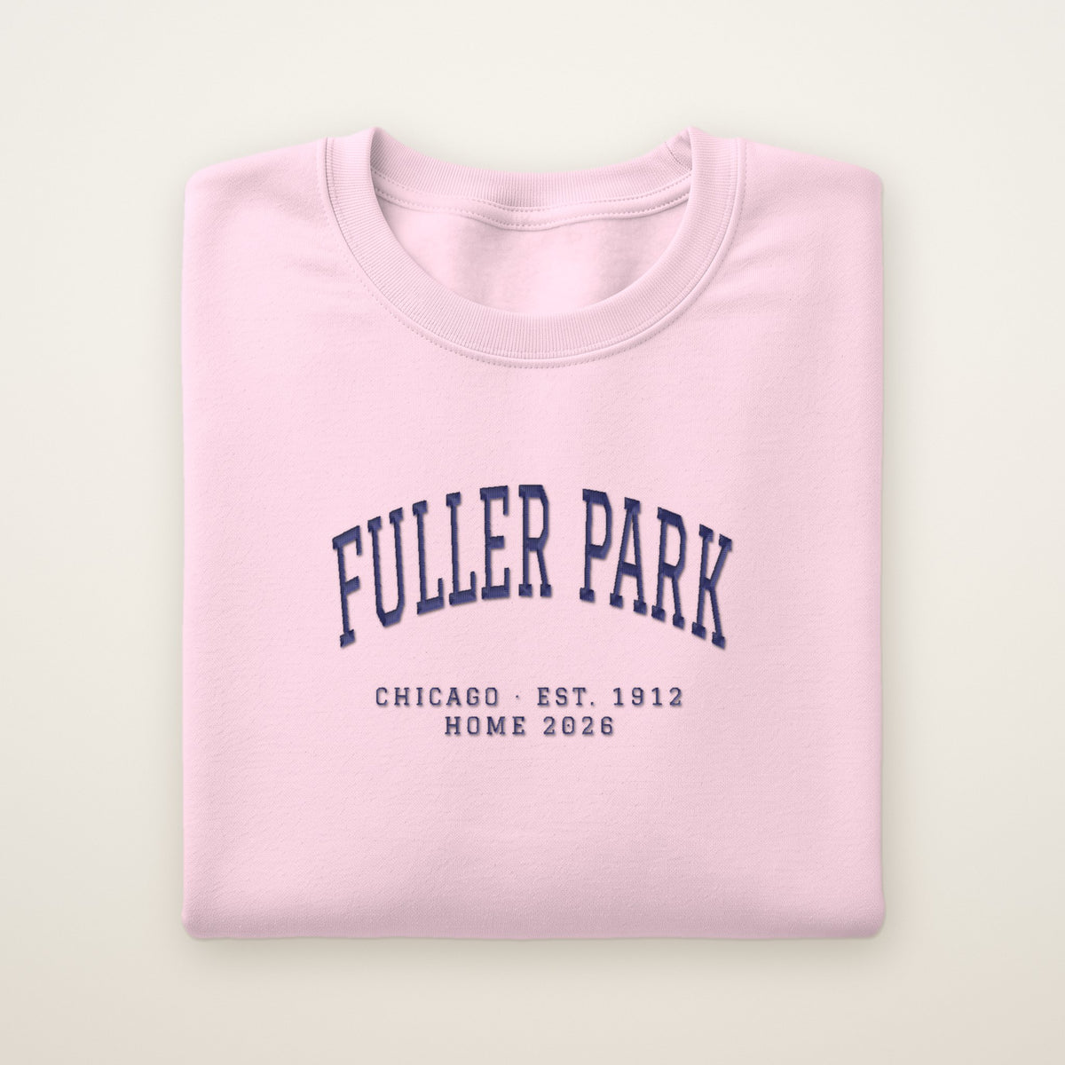 Fuller Park Chicago Home 2026 Embroidered Crewneck — Navy Thread on Light Pink