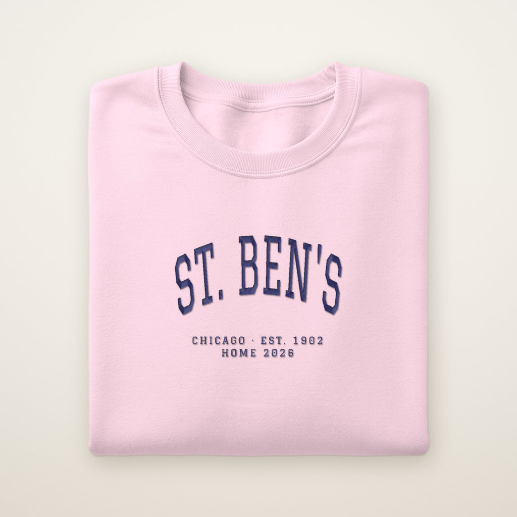 St. Ben's Chicago Home 2026 Embroidered Crewneck — Navy Thread on Light Pink
