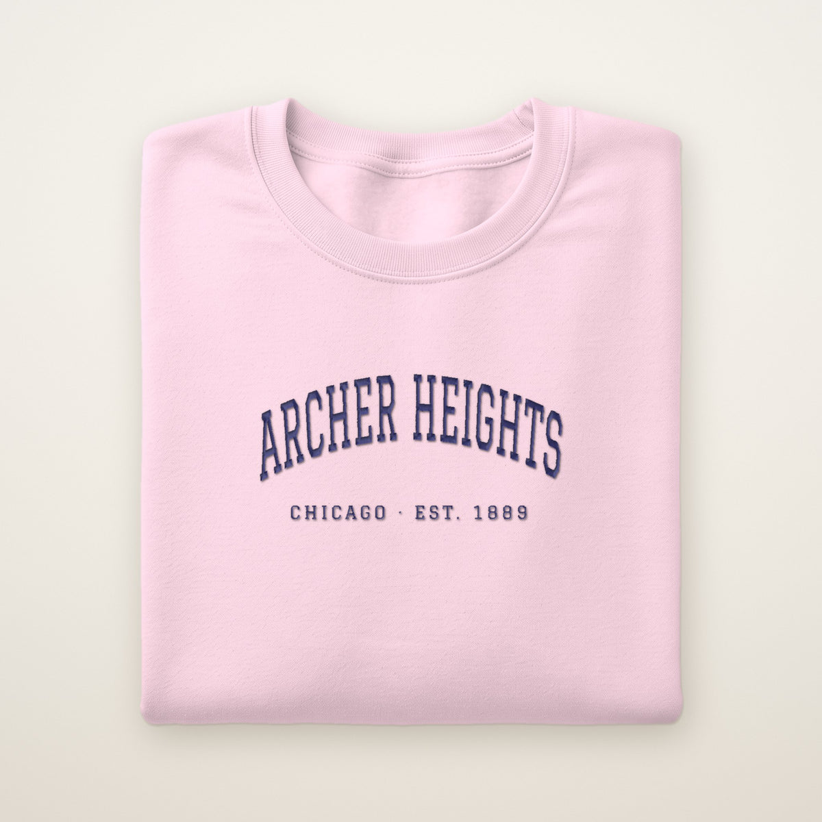 Archer Heights Chicago Embroidered Crewneck — Navy Thread on Light Pink