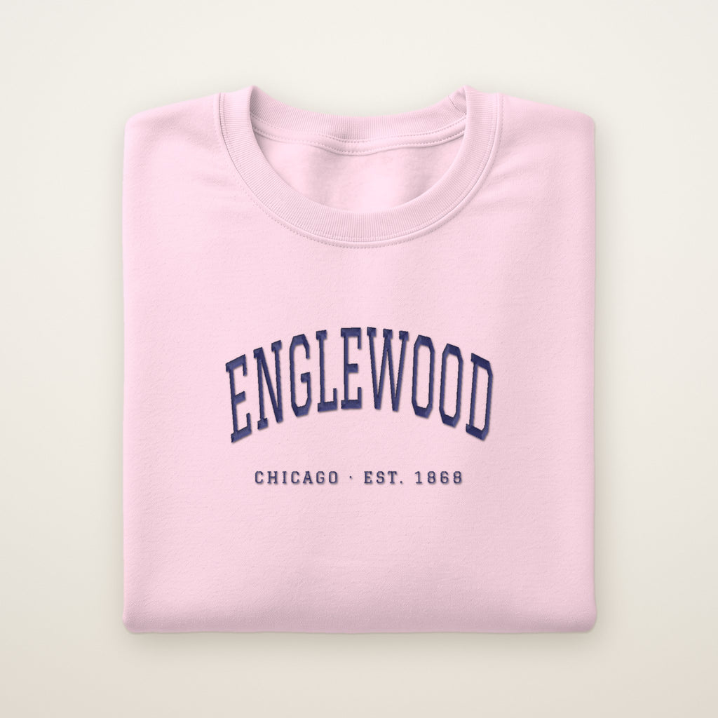 Englewood Chicago Embroidered Crewneck — Navy Thread on Light Pink