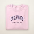 Englewood Chicago Embroidered Crewneck — Navy Thread on Light Pink