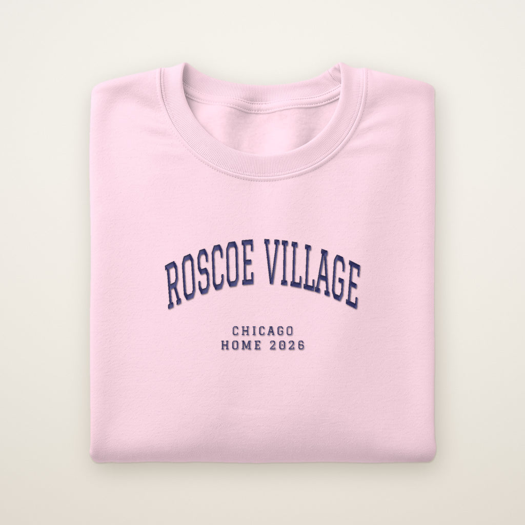 Roscoe Village Chicago Home 2026 Embroidered Crewneck — Navy Thread on Light Pink