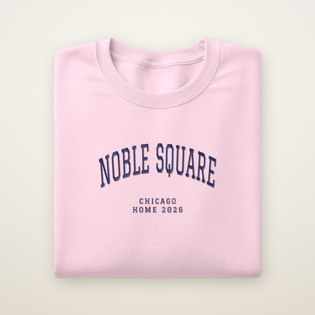 Noble Square Chicago Home 2026 Embroidered Crewneck — Navy Thread on Light Pink