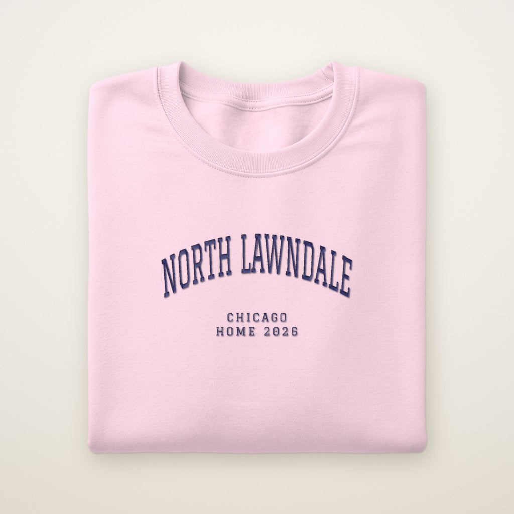 North Lawndale Chicago Home 2026 Embroidered Crewneck — Navy Thread on Light Pink