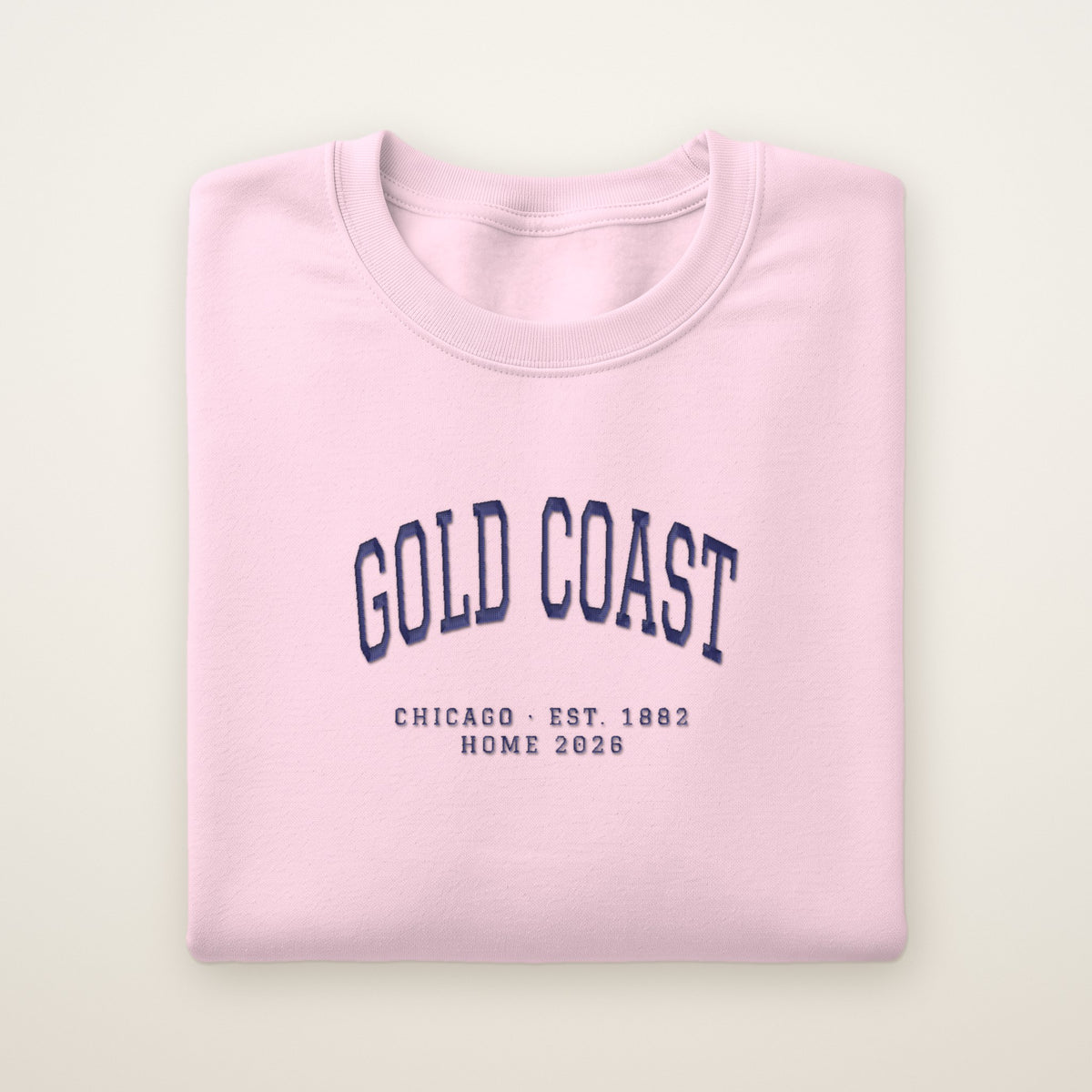 Gold Coast Chicago Home 2026 Embroidered Crewneck — Navy Thread on Light Pink