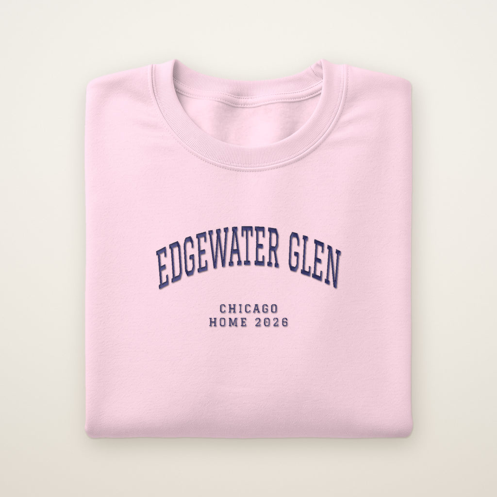 Edgewater Glen Chicago Home 2026 Embroidered Crewneck — Navy Thread on Light Pink