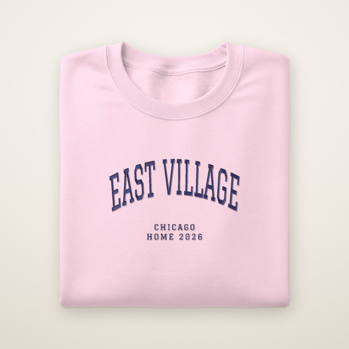 East Village Chicago Home 2026 Embroidered Crewneck — Navy Thread on Light Pink