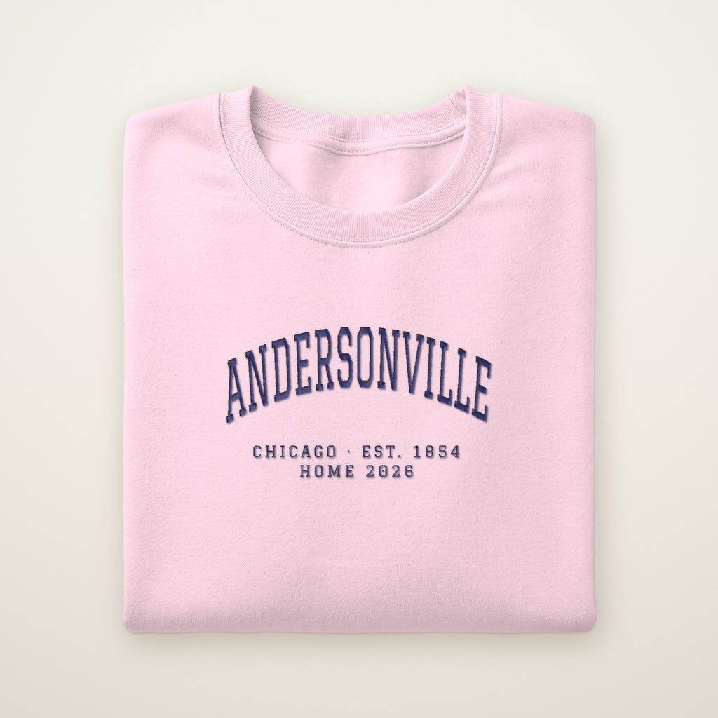 Andersonville Chicago Home 2026 Embroidered Crewneck — Navy Thread on Light Pink