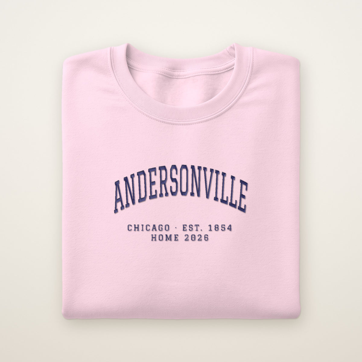 Andersonville Chicago Home 2026 Embroidered Crewneck — Navy Thread on Light Pink