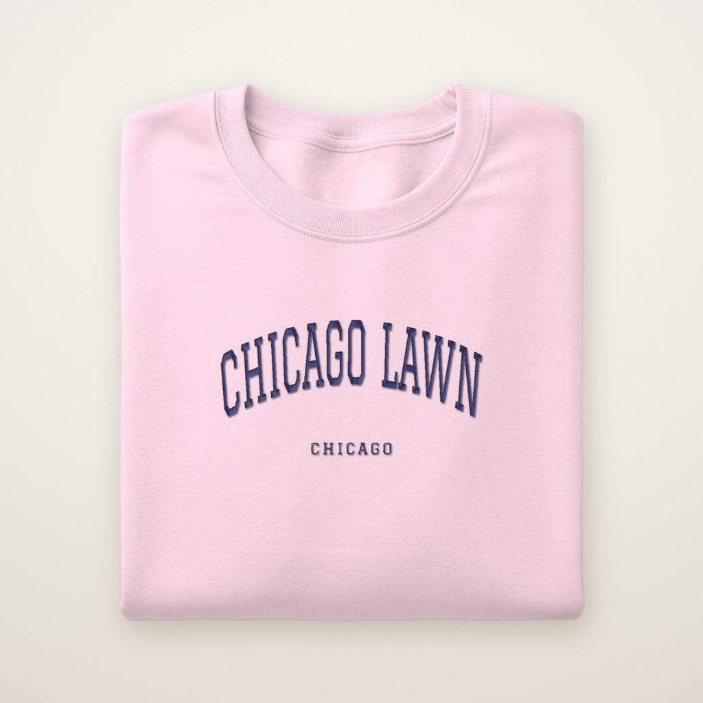 Chicago Lawn Chicago Embroidered Crewneck — Navy Thread on Light Pink