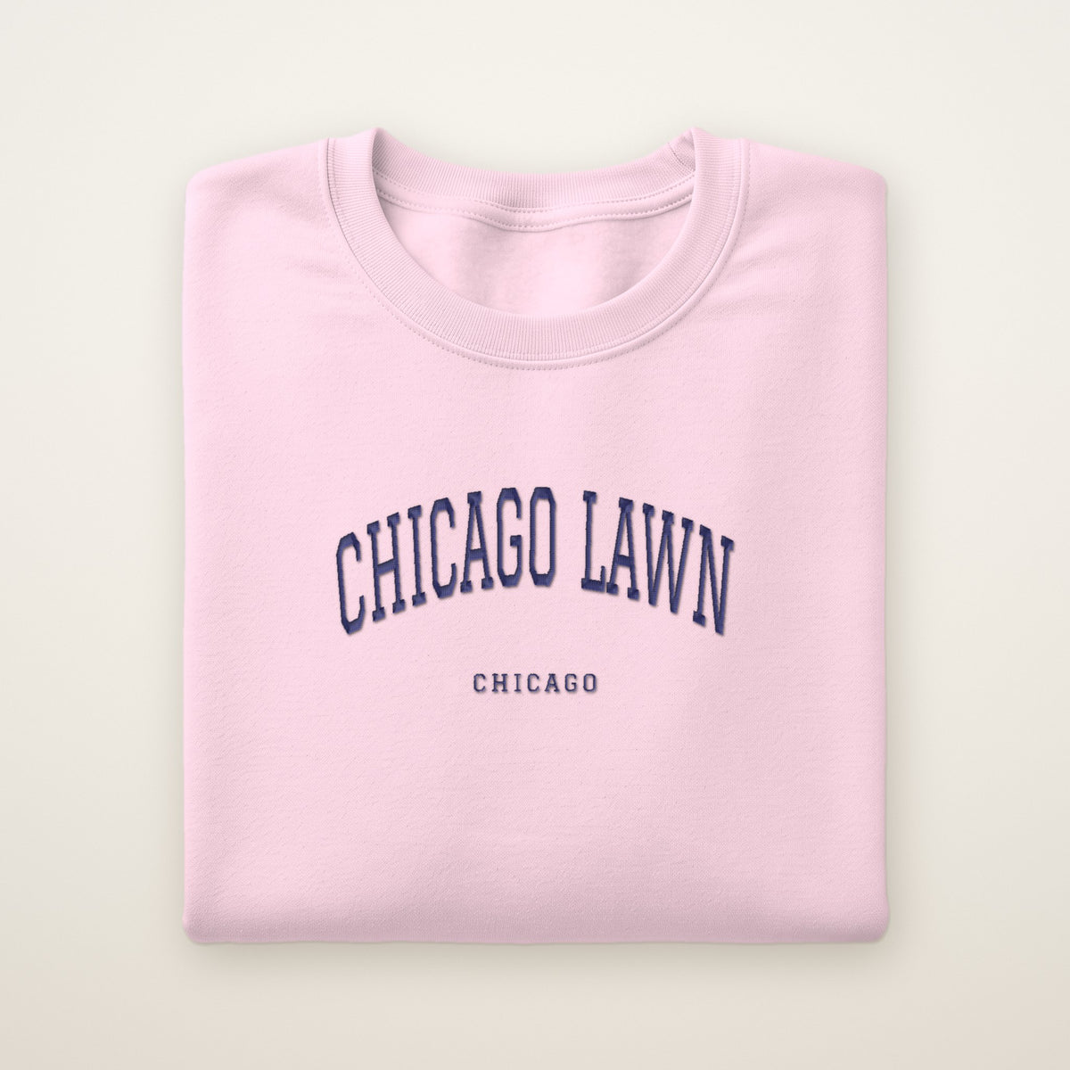 Chicago Lawn Chicago Embroidered Crewneck — Navy Thread on Light Pink