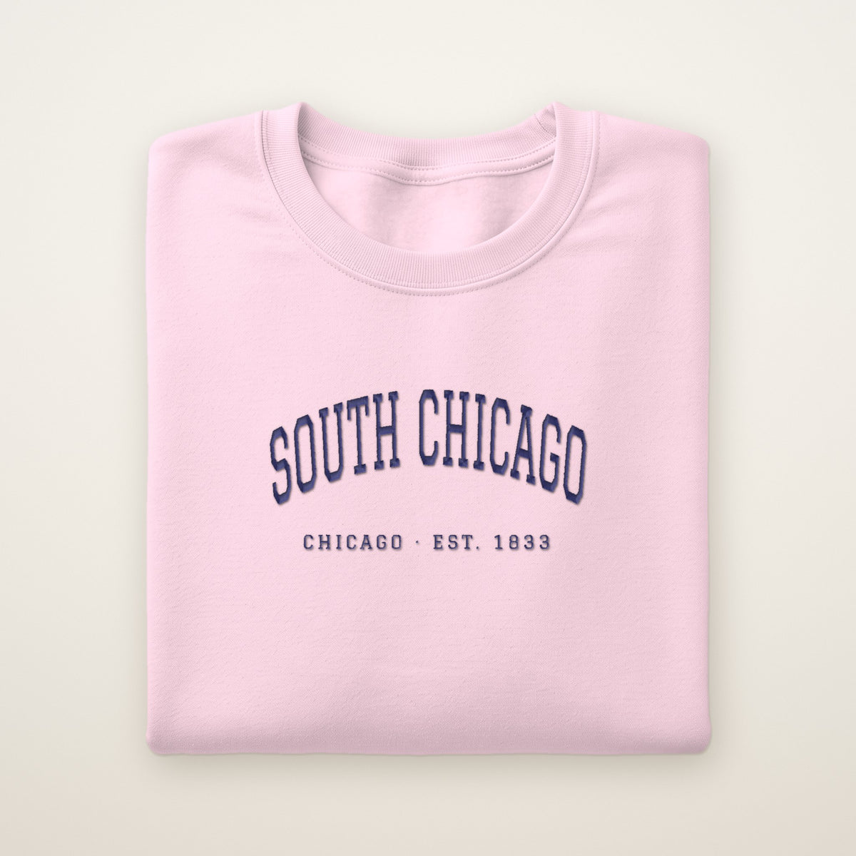 South Chicago Chicago Embroidered Crewneck — Navy Thread on Light Pink