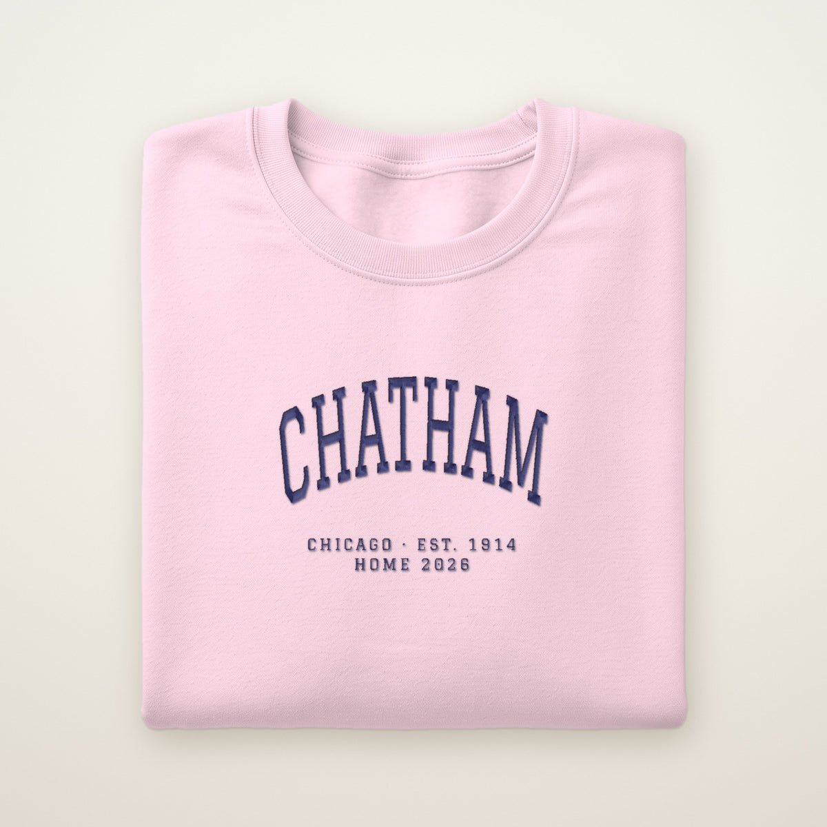 Chatham Chicago Home 2026 Embroidered Crewneck — Navy Thread on Light Pink