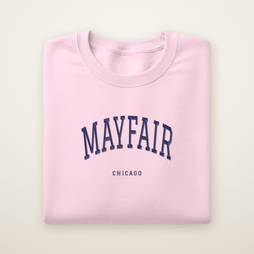 Mayfair Chicago Embroidered Crewneck — Navy Thread on Light Pink