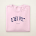 River West Chicago Embroidered Crewneck — Navy Thread on Light Pink