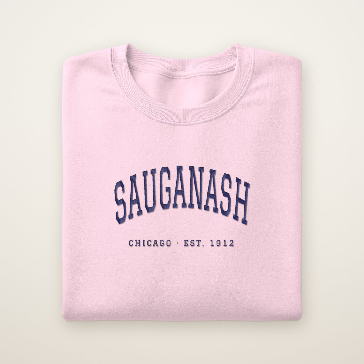 Sauganash Chicago Embroidered Crewneck — Navy Thread on Light Pink