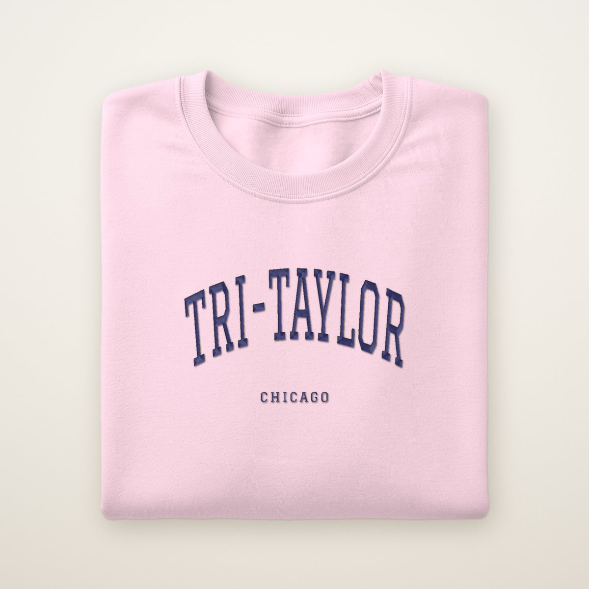 Tri-Taylor Chicago Embroidered Crewneck — Navy Thread on Light Pink