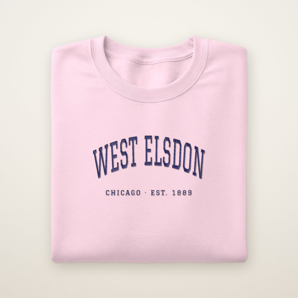 West Elsdon Chicago Embroidered Crewneck — Navy Thread on Light Pink