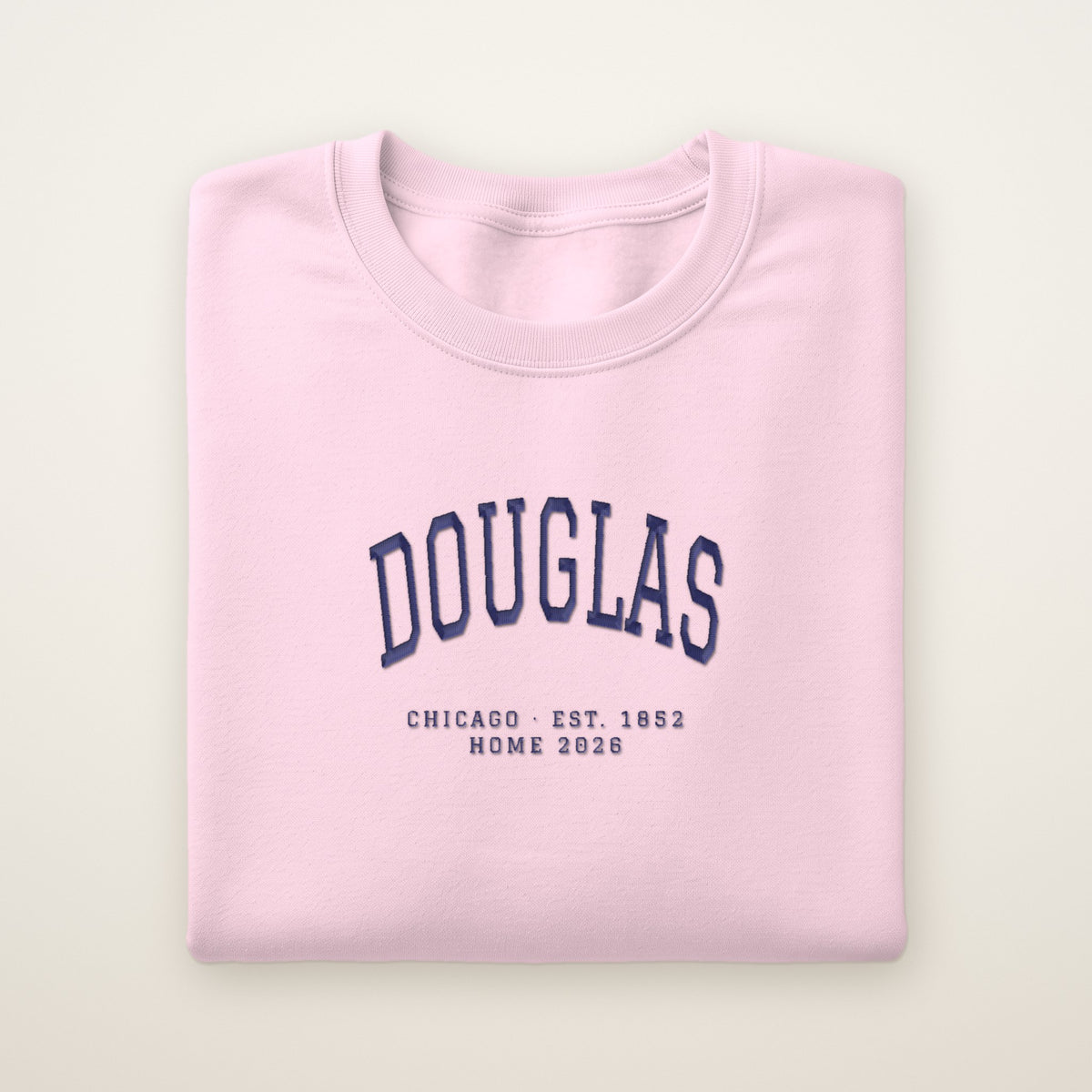 Douglas Chicago Home 2026 Embroidered Crewneck — Navy Thread on Light Pink