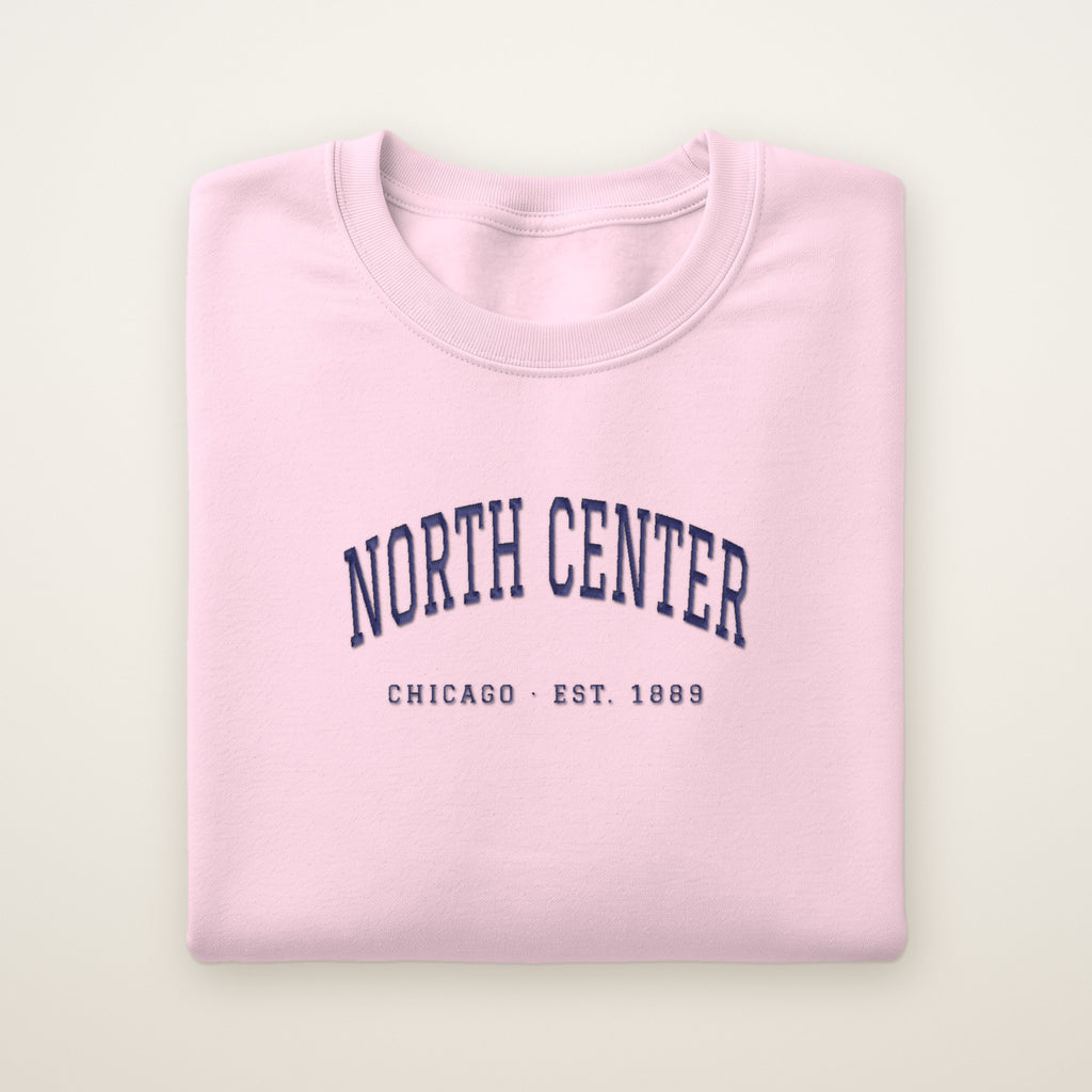 North Center Chicago Embroidered Crewneck — Navy Thread on Light Pink